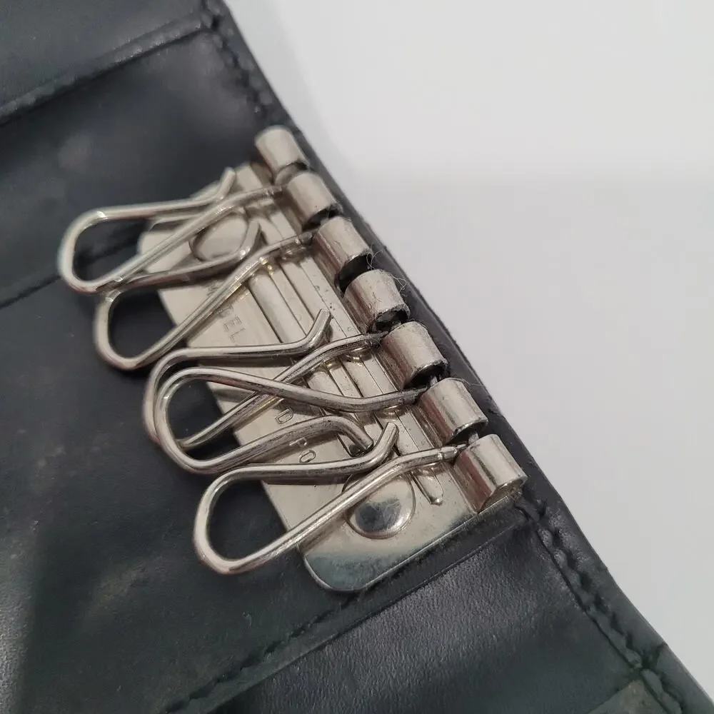 Hunting World‎ Key Case Hooks Holder Wallet Logo Black Trifold Leather Italian
